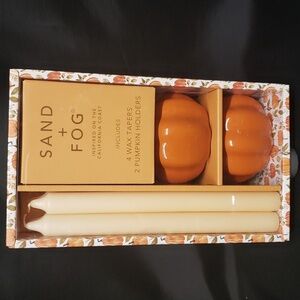 Sand & Fog 2 Pumpkin Candleholders and 4 Tapers Set